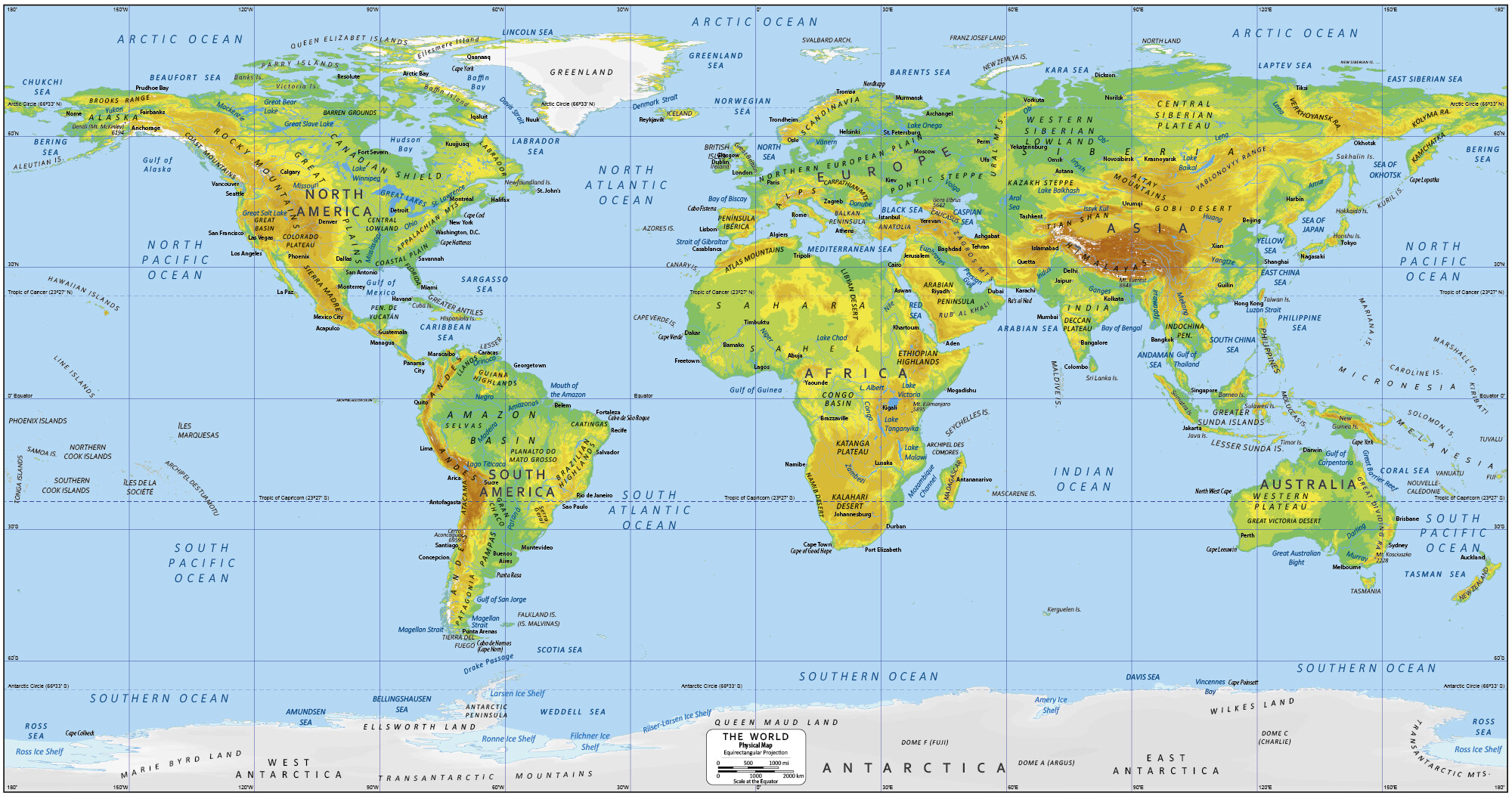 physical world map with key