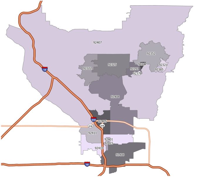 San Bernardino Zip Code Map 678x603 