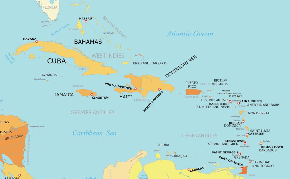 West Indies Capitals Map